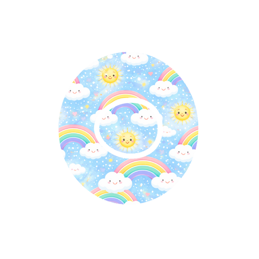 Circular design with cartoon suns, clouds, and rainbows on a light blue background fits CGM Dexcom One+ and G7 device.
