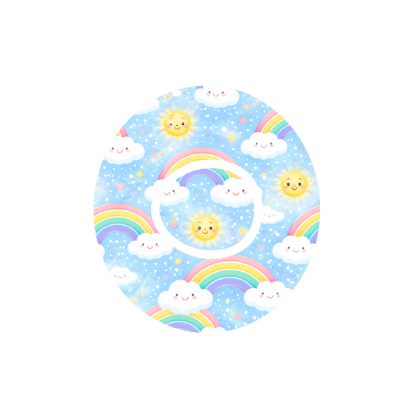 Circular design with cartoon suns, clouds, and rainbows on a light blue background fits CGM Dexcom One+ and G7 device.