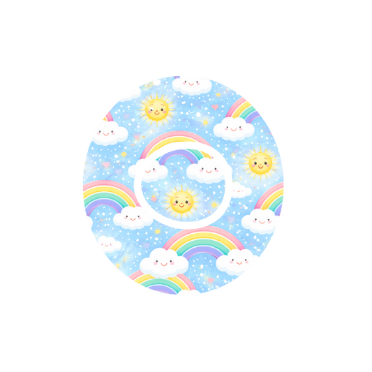 Circular design with cartoon suns, clouds, and rainbows on a light blue background fits CGM Dexcom One+ and G7 device.