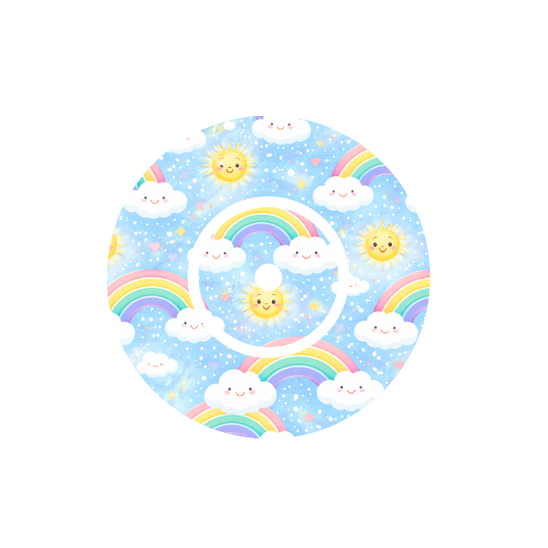 Circular design with cartoon suns, clouds, and rainbows on a light blue background fits CGM FreeStyle Libre 2 device.