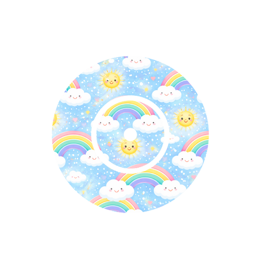 Circular design with cartoon suns, clouds, and rainbows on a light blue background fits CGM FreeStyle Libre 2 device.