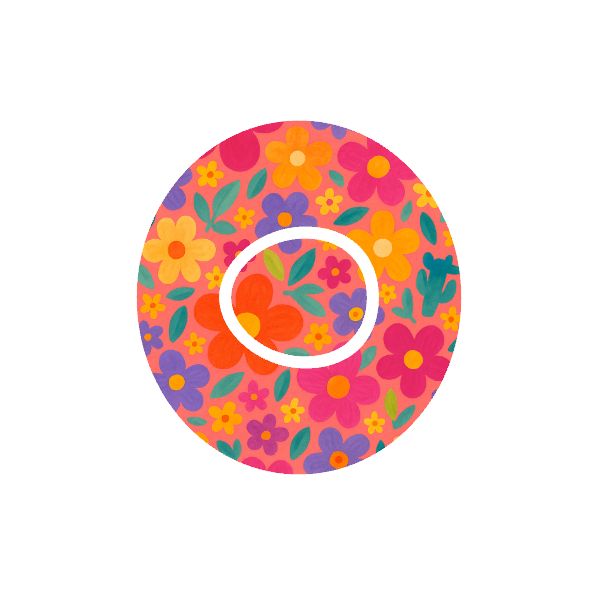 Retro Bloom CGM patch for Dexcom One+ — retro flower pattern in bright colours on soft pink