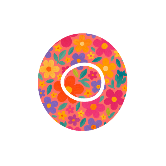 Retro Bloom CGM patch for Dexcom One+ — retro flower pattern in bright colours on soft pink