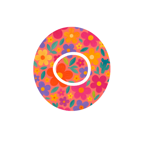 Circular shape retro flower pattern bright colours on a soft pink toned background fits CGM Dexcom One+ and G7 device.