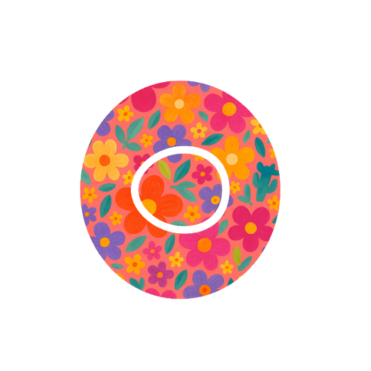 Retro Bloom CGM patch for Dexcom G7 — retro flower pattern in bright colours on soft pink