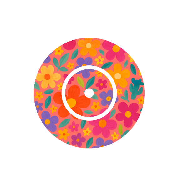 Circular shape retro flower pattern bright colours on a soft pink toned background fits CGM FreeStyle Libre 2 device