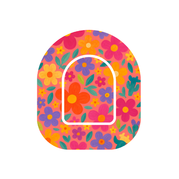 Retro Bloom patch for Omnipod Insulin Pump — retro flower pattern in bright colours on soft pink