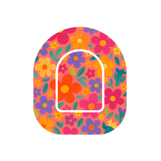 Retro Bloom patch for Omnipod Insulin Pump — retro flower pattern in bright colours on soft pink
