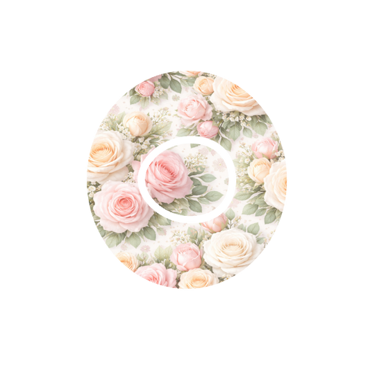 Rose Bouquet CGM patch for Dexcom One+ — soft pink apricot and white roses on off white