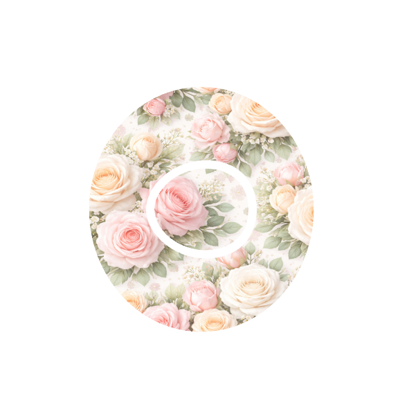 Round design with soft pink, apricot and white roses on a off white background fits CGM Dexcom One+ and G7 device.