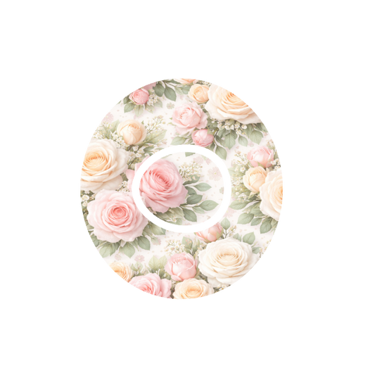 Round design with soft pink, apricot and white roses on a off white background fits CGM Dexcom One+ and G7 device.