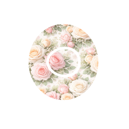 Rose Bouquet CGM patch for Dexcom G7 — soft pink apricot and white roses on off white