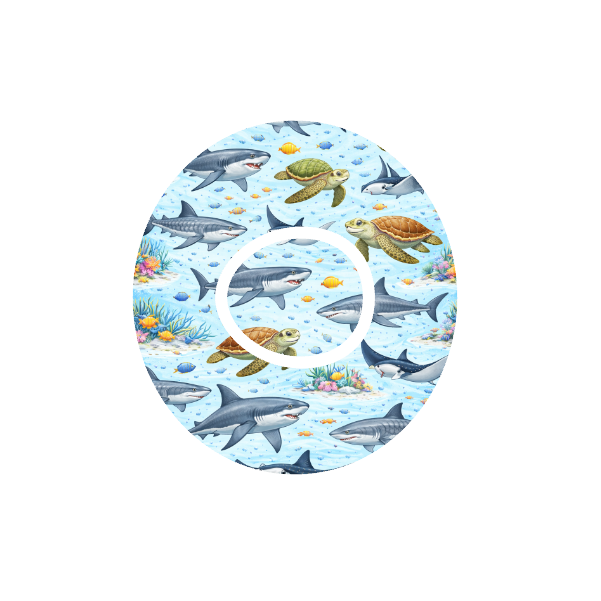 Circular design underwater scene with sharks, rays and turtles swimming on a blue background. Fits Dexcom One+ and G7 device.
