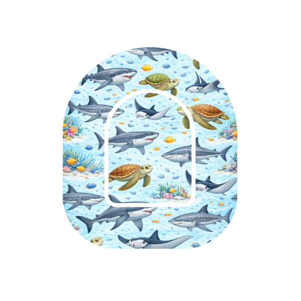 Sealife patch for Omnipod Insulin Pump — sharks, rays and turtles on blue underwater background
