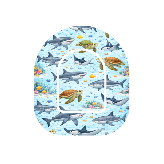 Sealife patch for Omnipod Insulin Pump — sharks, rays and turtles on blue underwater background
