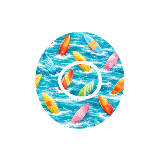 Surfboards CGM patch for Dexcom One+ — colourful surfboards on blue waves