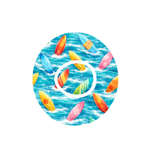 Circular design of colourful surfboards on a blue waves background fits CGM Dexcom One+ and G7 device.