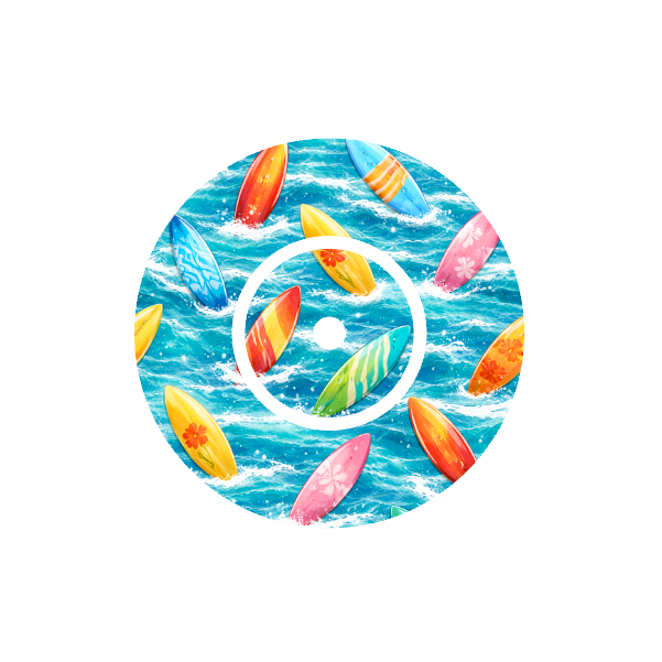 Circular design of colourful surfboards on a blue waves background fits CGM FreeStyle Libre 2 device.
