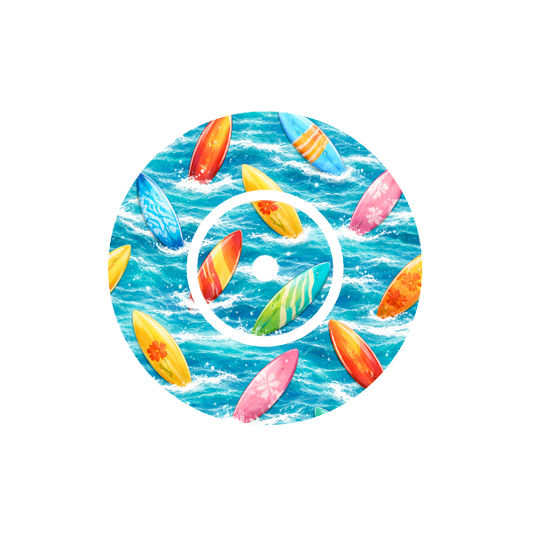 Circular design of colourful surfboards on a blue waves background fits CGM FreeStyle Libre 2 device.