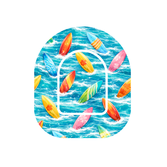 Colourful Surfboards in waves blue water . Patch for Omnipod Insulin Pump.