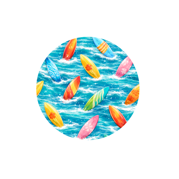 Surfboards Hug Patch featuring colourful surfboards and beach-inspired artwork compatible with Medtronic Guardian 4 CGM by Stick By Me