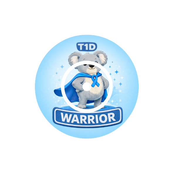 T1D Warrior Binki CGM patch for FreeStyle Libre 2 — koala in blue cape with T1D ribbon design