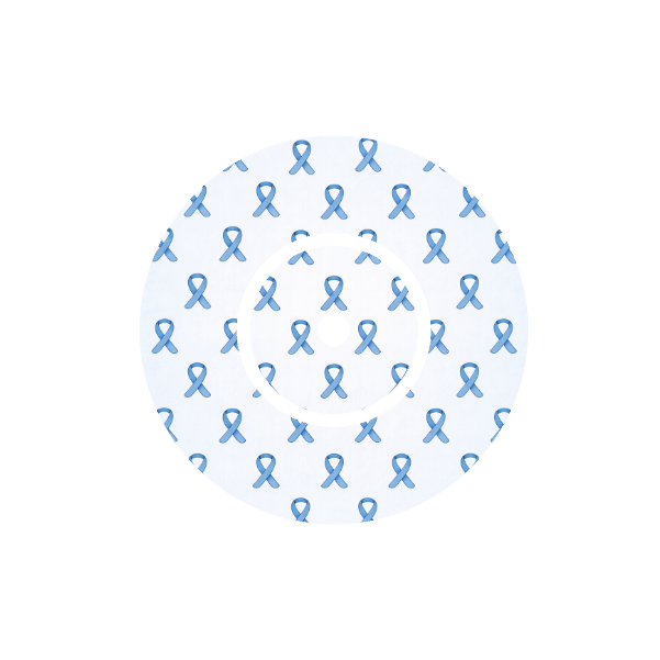 Circular blue pattern with blue awareness ribbons on a white background  fits CGM FreeStyle Libre 2 device.