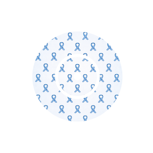 Circular blue pattern with blue awareness ribbons on a white background  fits CGM FreeStyle Libre 2 device.