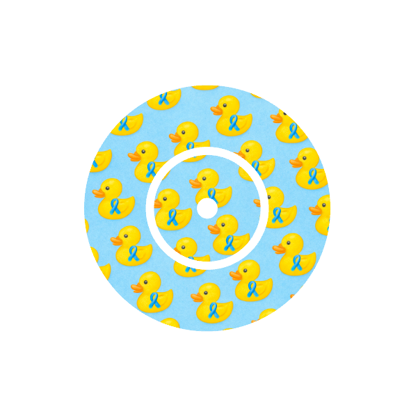 Circular design with yellow rubber duck with blue ribbons pattern on a light blue background fits CGM device FreeStyle Libre 2 device.
