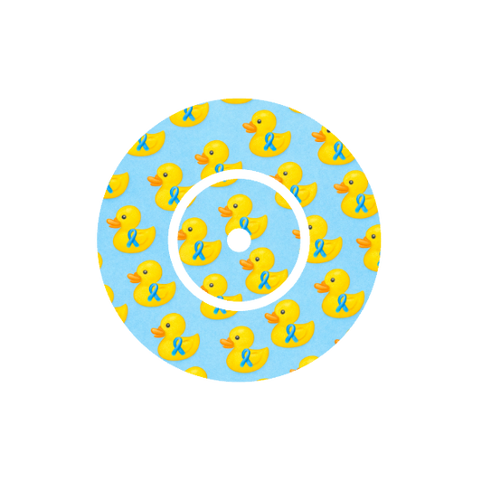 Circular design with yellow rubber duck with blue ribbons pattern on a light blue background fits CGM device FreeStyle Libre 2 device.