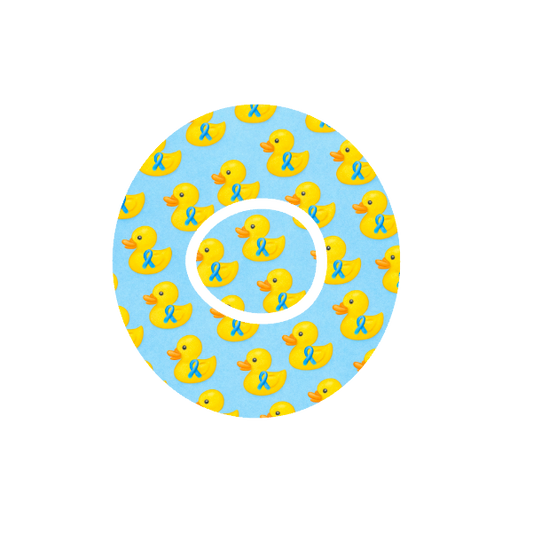 Diabetes Ducks CGM patch for Dexcom One+ — yellow rubber ducks with blue ribbon design