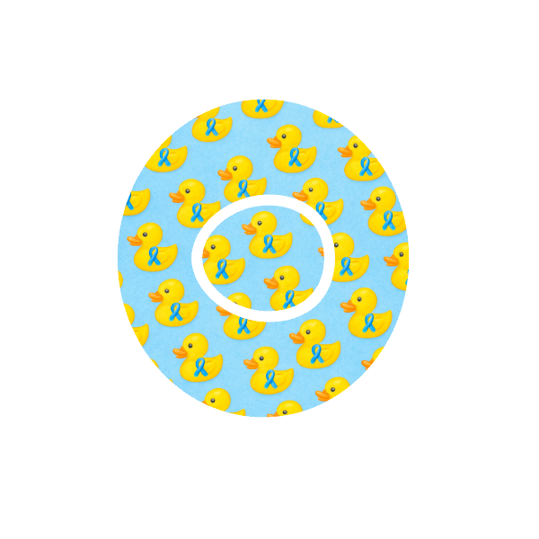 Circular design with yellow rubber duck with blue ribbons pattern on a light blue background fits CGM device Dexcom One+ and G7 device.