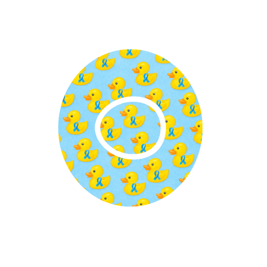 Circular design with yellow rubber duck with blue ribbons pattern on a light blue background fits CGM device Dexcom One+ and G7 device.