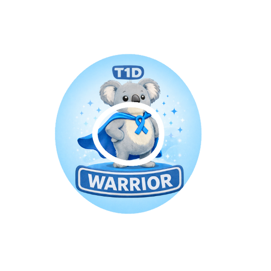 Circular shape animated Binki the koala a character with a blue cape and ribbon, labeled 'T1D Warrior' on a white background fits Dexcom One+ and G7 device.