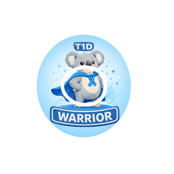 Circular shape animated Binki the koala a character with a blue cape and ribbon, labeled 'T1D Warrior' on a light blue background fits Dexcom One+ and G7 device.