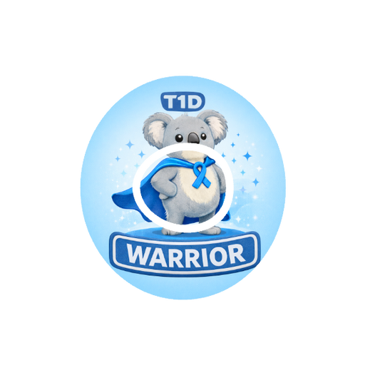 Circular shape animated Binki the koala a character with a blue cape and ribbon, labeled 'T1D Warrior' on a light blue background fits Dexcom One+ and G7 device.