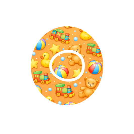 Toys CGM patch for Dexcom One+ — cartoon teddy bear, train, ducks and stars on orange background