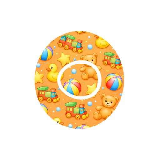 Circular design of colourful  cartoon teddy bear,  train , ducks , stars and various shapes. On a orange  background fits CGM Dexcom One+ and G7 device.