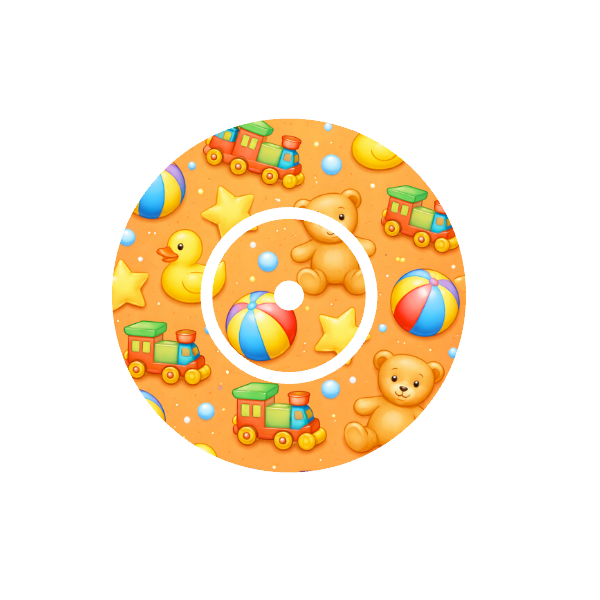 Circular design of colourful  cartoon teddy bear,  train , ducks , stars and various shapes. On a orange  background fits CGM FreeStyle Libre 2 device.