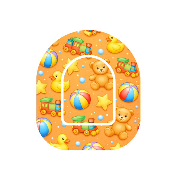 Toys for Omnipod Insulin Pump — cartoon teddy bear, train, ducks and stars on orange background