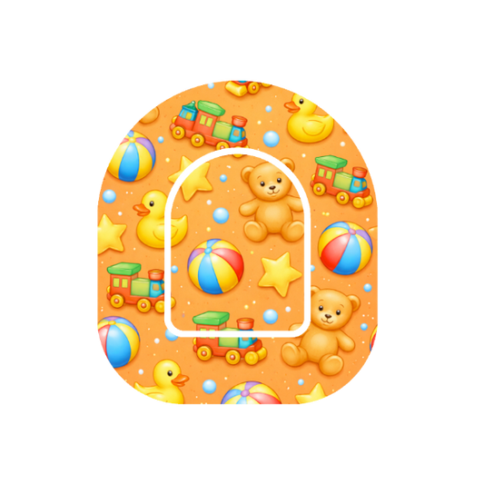 Toys for Omnipod Insulin Pump — cartoon teddy bear, train, ducks and stars on orange background