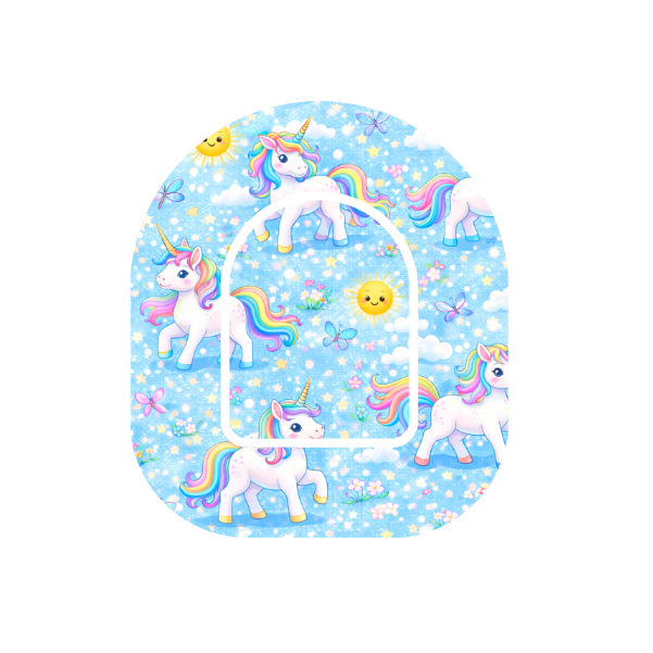 Unicorn Sky patch for Omnipod Insulin Pump — unicorn with butterflies and sparkles on blue