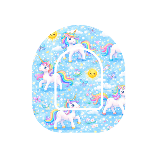 Unicorn Sky patch for Omnipod Insulin Pump — unicorn with butterflies and sparkles on blue