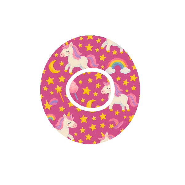 Unicorn Moonlight CGM patch for Dexcom One+ — unicorns, moons and rainbows on pink background
