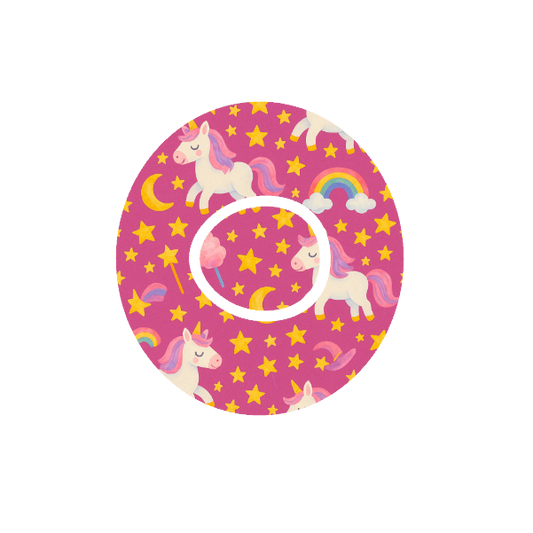 Unicorn Moonlight CGM patch for Dexcom One+ — unicorns, moons and rainbows on pink background
