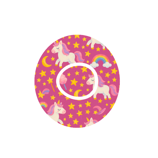 Circular design with unicorns, moons , shooting starts , fairy floss, rainbows and star pattern on a pink background fits CGM Dexcom One+ and G7 device.