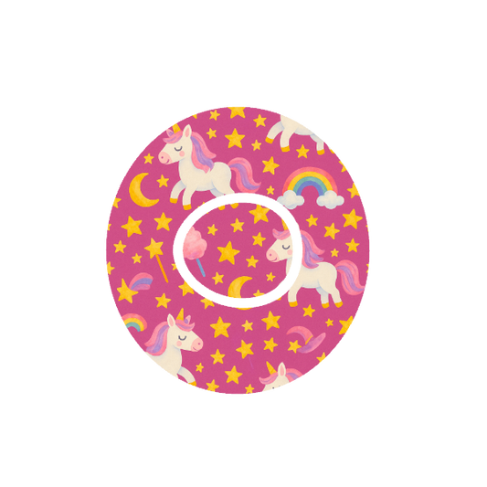Circular design with unicorns, moons , shooting starts , fairy floss, rainbows and star pattern on a pink background fits CGM Dexcom One+ and G7 device.