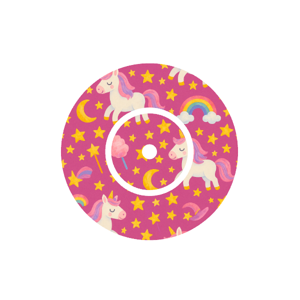 Unicorn Moonlight CGM patch for FreeStyle Libre 2 — unicorns, moons and rainbows on pink background