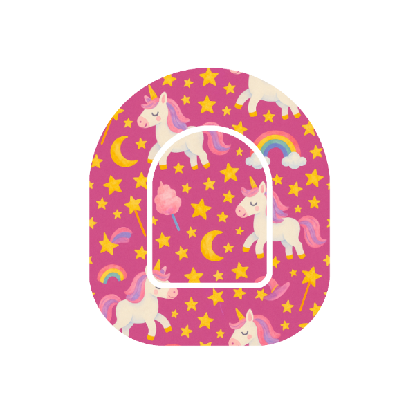 Unicorn Moonlight patch for Omnipod Insulin Pump — unicorns, moons and rainbows on pink background
