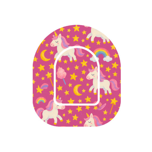 Unicorn Moonlight patch for Omnipod Insulin Pump — unicorns, moons and rainbows on pink background
